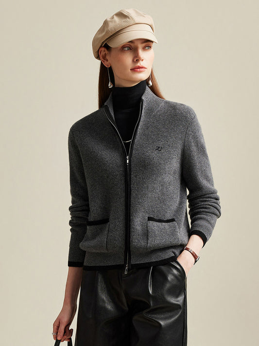 COMOBOCA Gray 100% Cashmere Women's Contrast Trim Dual Zip Pocket Cardigan