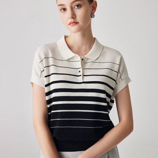 COMOBOCA Women's Striped Polo Knit T-Shirt