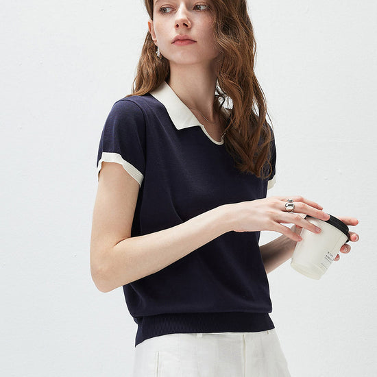 COMOBOCA Women's Contrast Collar V-Neck Knit Polo T-Shirt