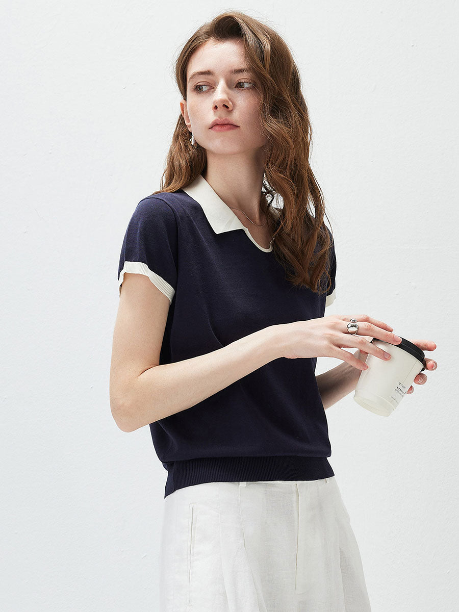 COMOBOCA Women's Contrast Collar V-Neck Knit Polo T-Shirt