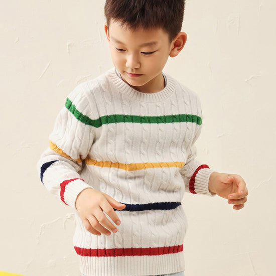 COMOBOCA 140 White 100% Wool Kids' Colorful Striped Knit Sweater