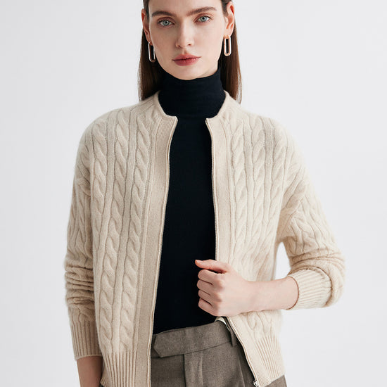 COMOBOCA Beige 100% Cashmere Women's Cable Zip Up Knit Cardigan