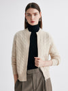COMOBOCA Beige 100% Cashmere Women's Cable Zip Up Knit Cardigan