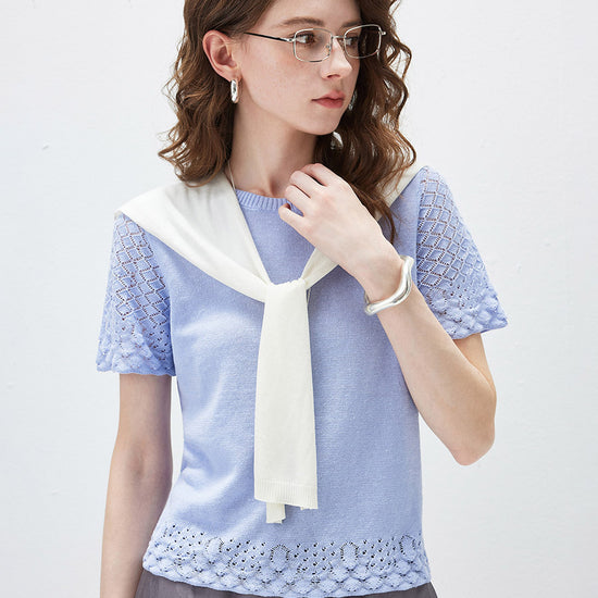 COMOBOCA Women's Lace Trim Knit T-Shirt