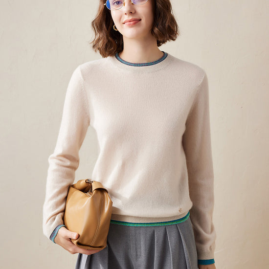 COMOBOCA Beige 100% Cashmere Women's Color Accented Knit Pullover Sweater