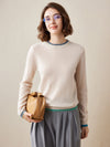 COMOBOCA Beige 100% Cashmere Women's Color Accented Knit Pullover Sweater