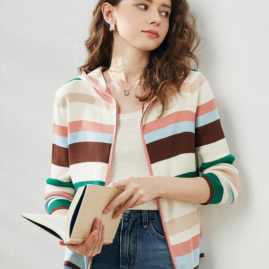 COMOBOCA Women's Versatile Striped Zip-Up Hoodie Cardigan
