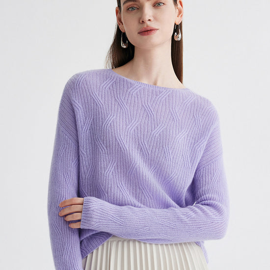 COMOBOCA Purple 100% Cashmere Women's Geometric Wave Knit Sweater