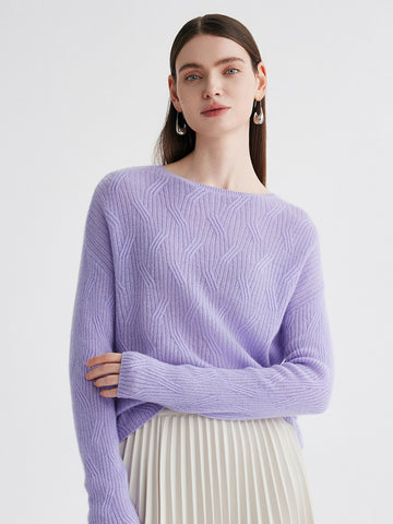 COMOBOCA Purple 100% Cashmere Women's Geometric Wave Knit Sweater