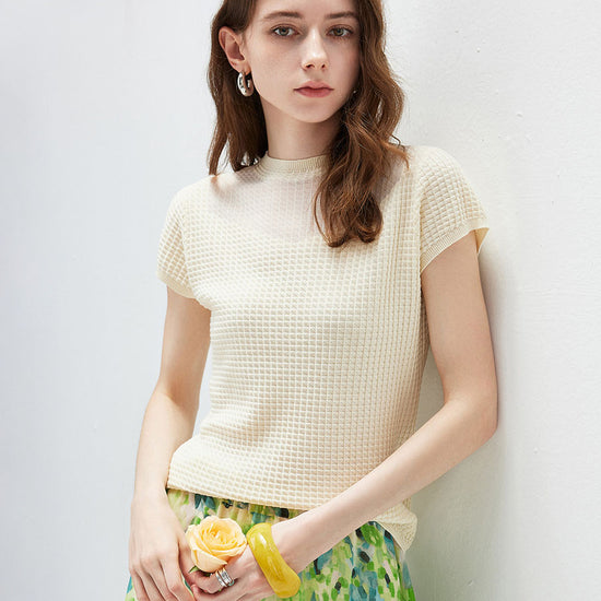 COMOBOCA Cream Women's Waffle Knit Cap Sleeve T-Shirt with Sheer Yoke