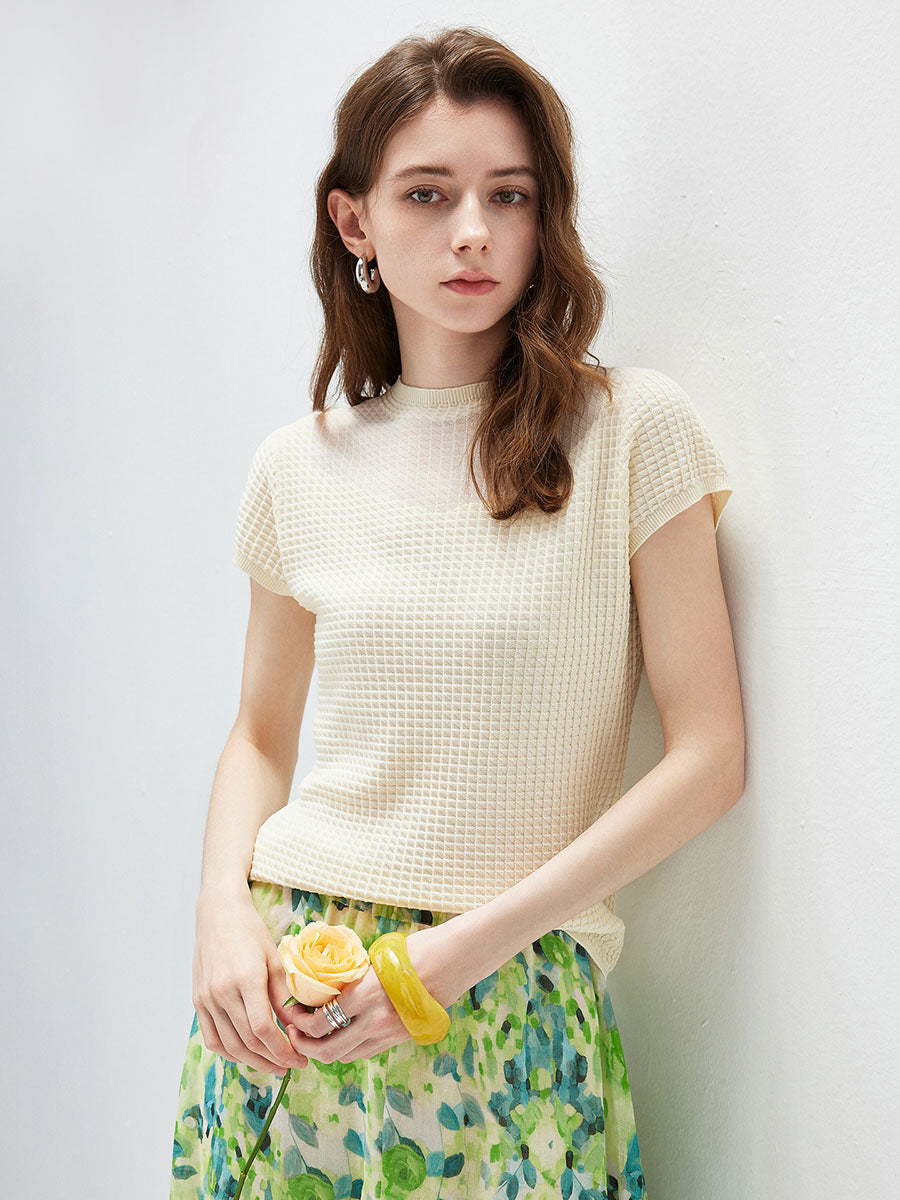 COMOBOCA Cream Women's Waffle Knit Cap Sleeve T-Shirt with Sheer Yoke