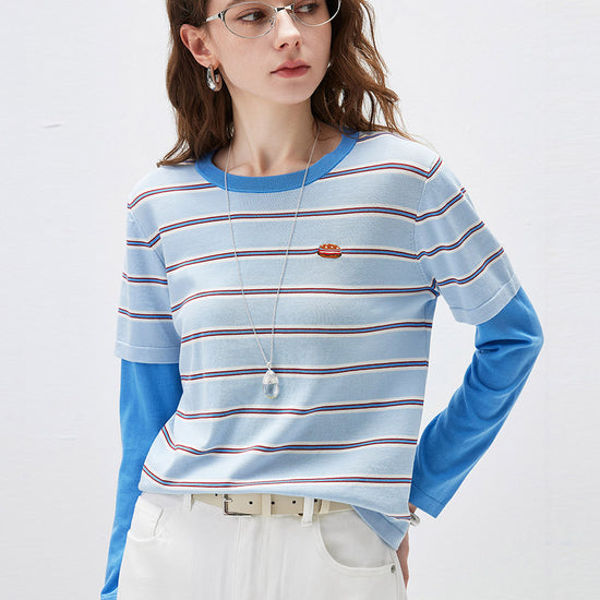 COMOBOCA Women's Layered Striped Round Neck Knit Sweater