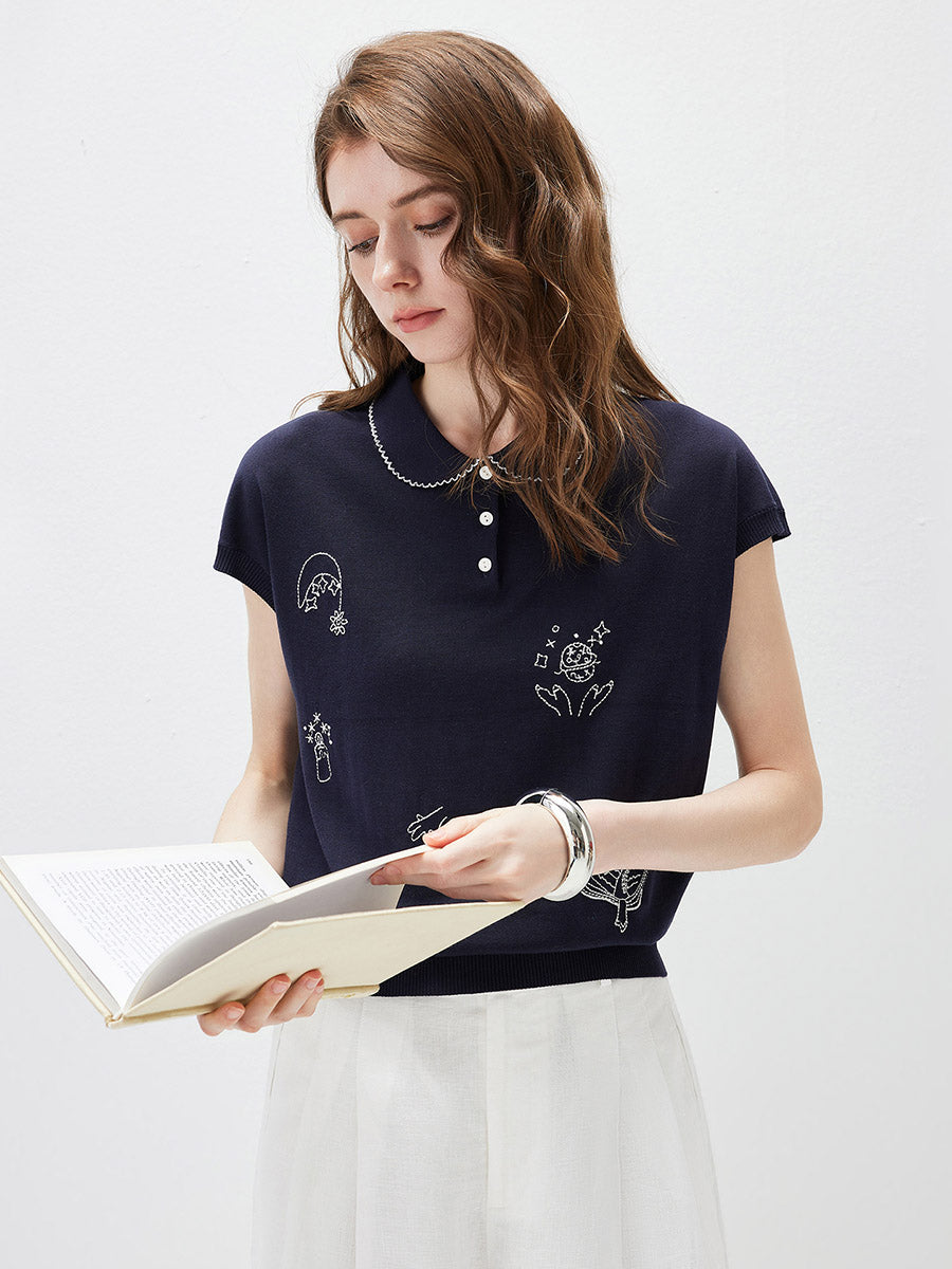 COMOBOCA Women's Embroidered Collared Knit T-Shirt