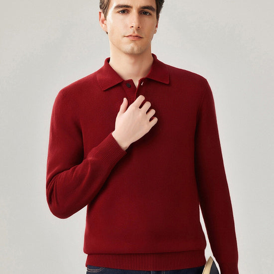 COMOBOCA Deep Red 100% Cashmere Men's Knit Polo Pullover Sweater