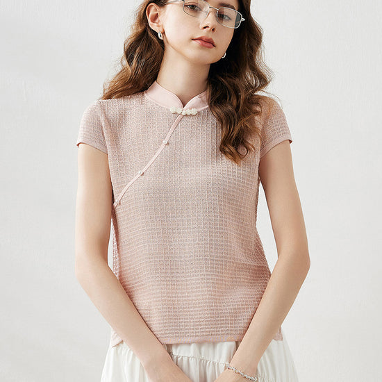 COMOBOCA Women's Textured Pearl Accents Blouse