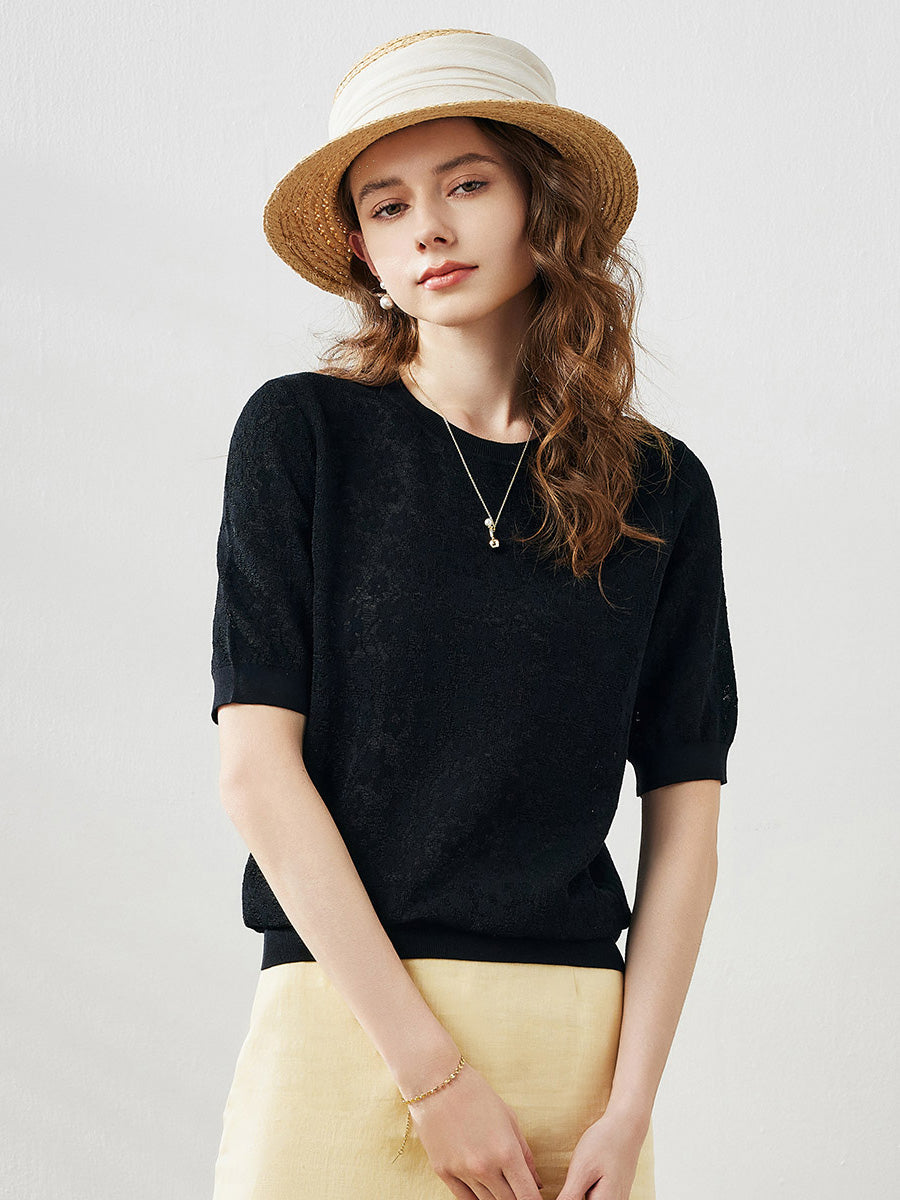 COMOBOCA Women's Cotton Silk Versatile Floral Lace Knit T-Shirt