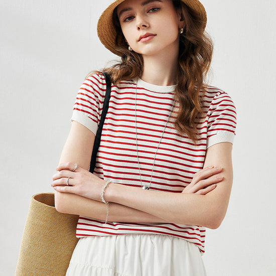 COMOBOCA Women's Striped Button Back T-Shirt