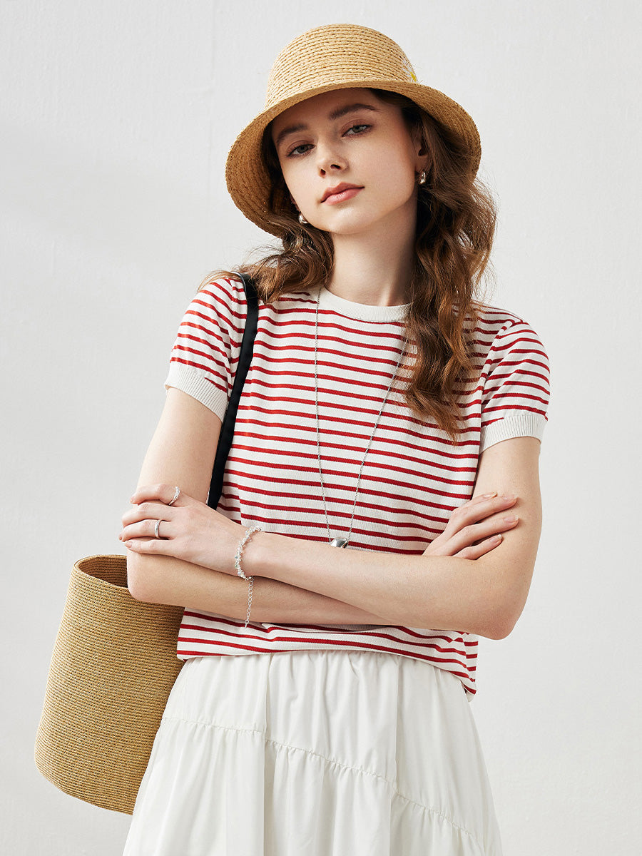 COMOBOCA Women's Striped Button Back T-Shirt