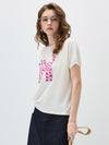 COMOBOCA Women's Leopard Cat Embroidered Knit T-Shirt