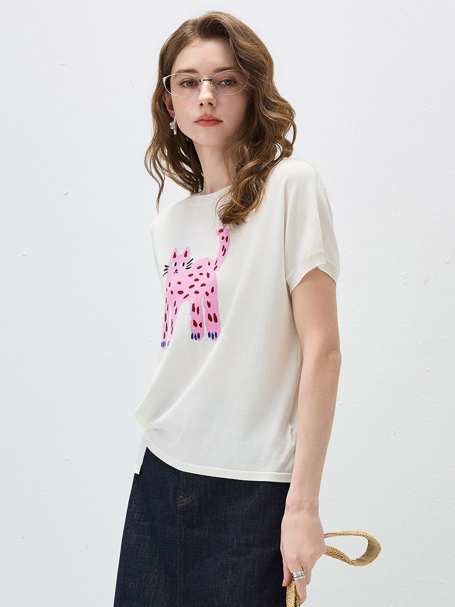 COMOBOCA Women's Leopard Cat Embroidered Knit T-Shirt