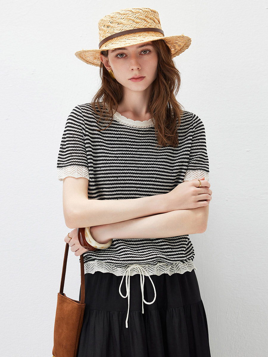 COMOBOCA Black Women's Drawstring Striped Lace Trim Knit T-Shirt