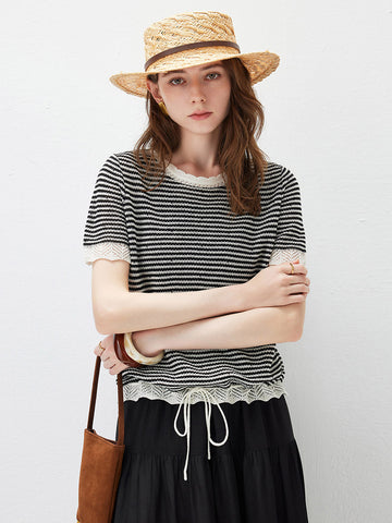 COMOBOCA Black Women's Drawstring Striped Lace Trim Knit T-Shirt
