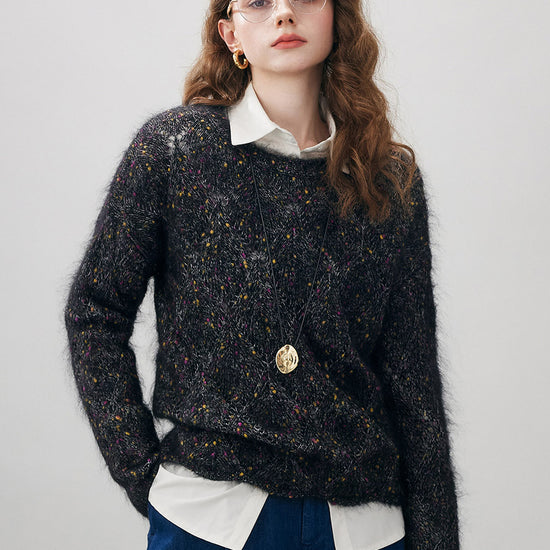 COMOBOCA Black Women's Speckled Lace Knit Round Neck Sweater