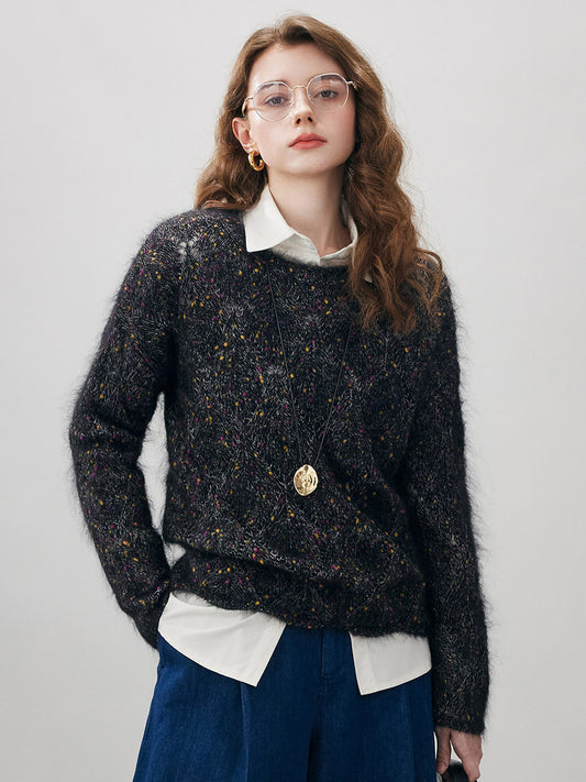 COMOBOCA Black Women's Speckled Lace Knit Round Neck Sweater