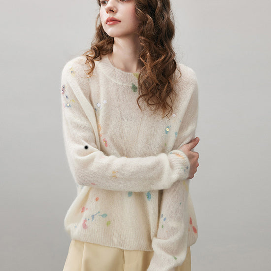 COMOBOCA Women's Sequined Floral Printed Round Neck Sweater