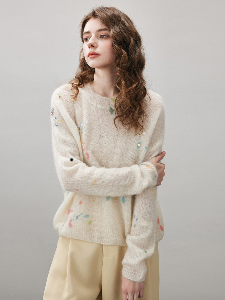 COMOBOCA Women's Sequined Floral Printed Round Neck Sweater