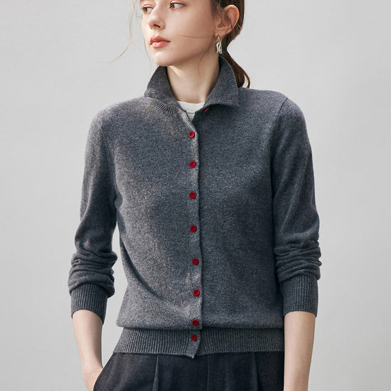 COMOBOCA Charcoal 100% Cashmere Women's Turtleneck Button Front Knit Cardigan