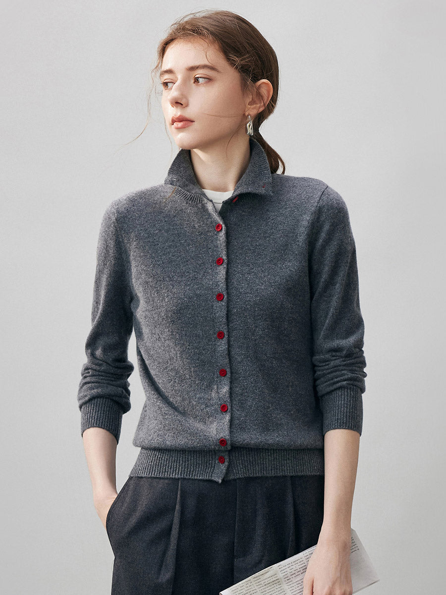 COMOBOCA Charcoal 100% Cashmere Women's Turtleneck Button Front Knit Cardigan