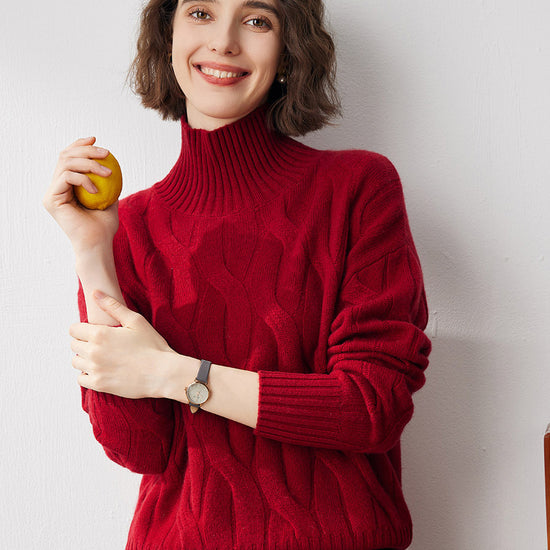 COMOBOCA RED 100% Cashmere Women's Turtleneck Cable Knit Sweater