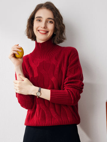 COMOBOCA RED 100% Cashmere Women's Turtleneck Cable Knit Sweater