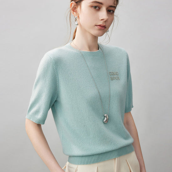 COMOBOCA 100% Cashmere Women's Embroidered Logo Short Sleeve Sweater