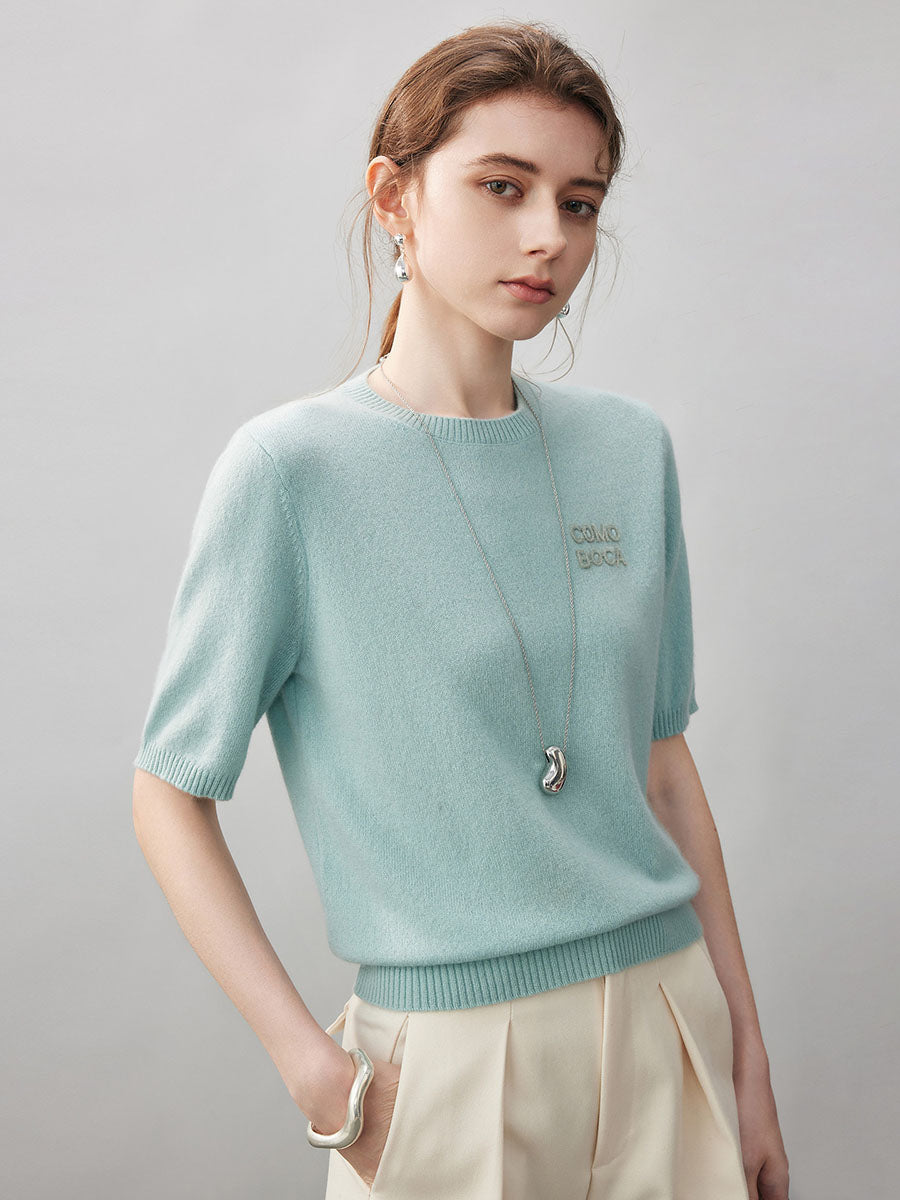COMOBOCA 100% Cashmere Women's Embroidered Logo Short Sleeve Sweater
