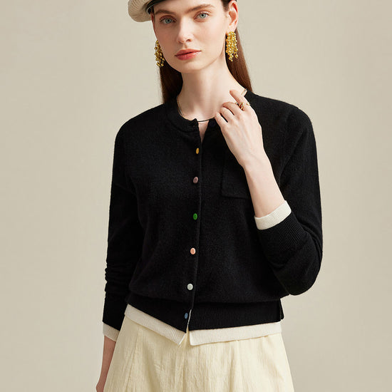 COMOBOCA 100% Cashmere Women's Contrast-Trim Pocket Cardigan