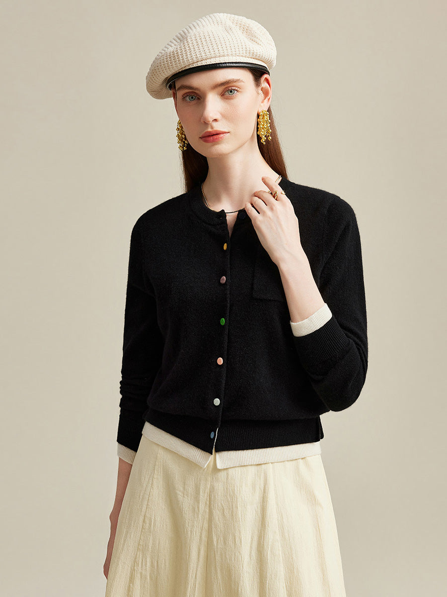 COMOBOCA 100% Cashmere Women's Contrast-Trim Pocket Cardigan