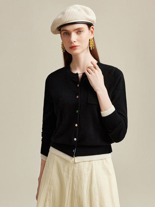 COMOBOCA 100% Cashmere Women's Contrast-Trim Pocket Cardigan