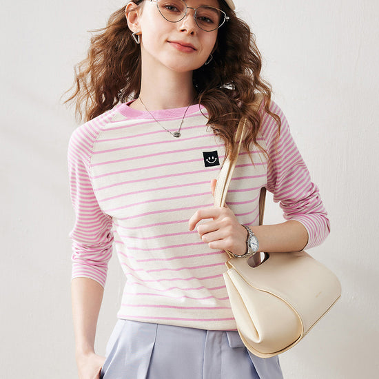 COMOBOCA Pink Women's Cotton Silk Striped Smiley Patch T-Shirt Knit Sweater