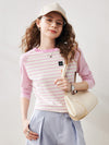 COMOBOCA Pink Women's Cotton Silk Striped Smiley Patch T-Shirt Knit Sweater