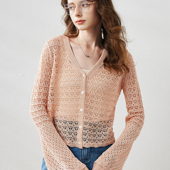 COMOBOCA Light Pink Women's Bell Sleeve Lace Knit Cardigan