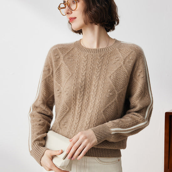 COMOBOCA 100% Cashmere Women's Crew Neck Intarsia Knit Sweater