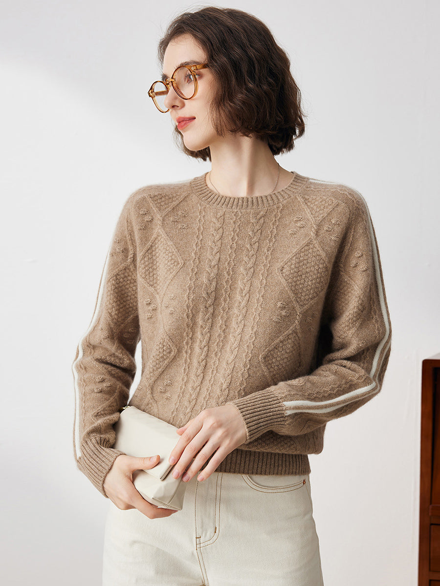 COMOBOCA 100% Cashmere Women's Crew Neck Intarsia Knit Sweater