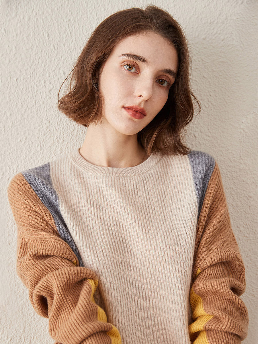 COMOBOCA 100% Cashmere Women's Crew Neck Fish Scale Inlay Sweater