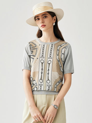 COMOBOCA Gray Women's Graphic Chain Design Knit T-Shirt