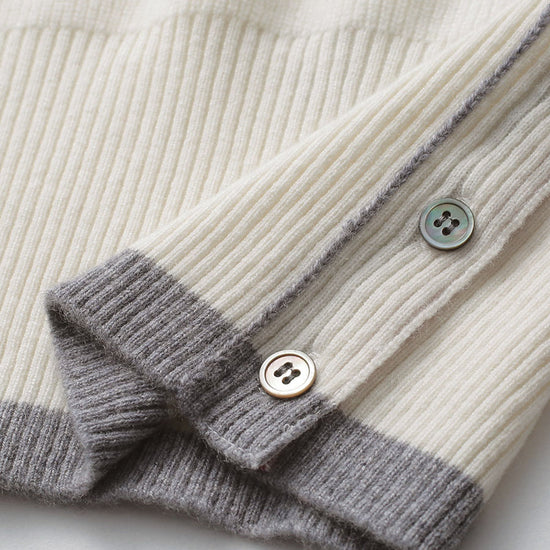 COMOBOCA 100% Cashmere Women's Striped Sleeve Round Neck Sweater