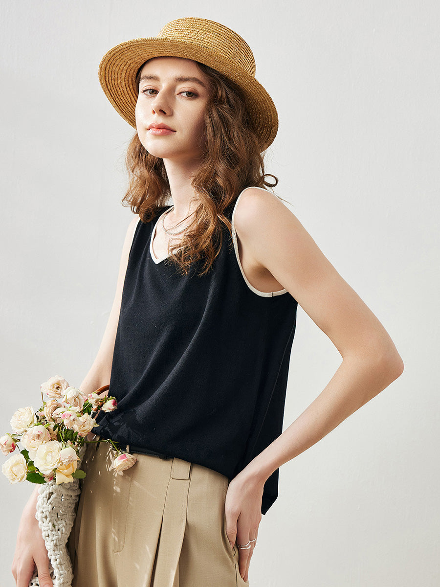 COMOBOCA Women's V-Neck Contrast Trim Tank Top