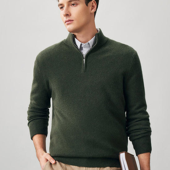 COMOBOCA Dark Green 100% Cashmere Men's Half Zip Mock Neck Sweater