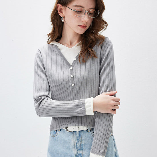 COMOBOCA Women's Layered Ribbed Knit Hooded Henley Top